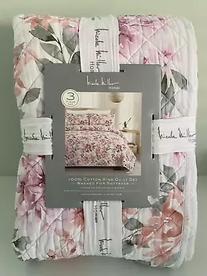 NIP Nicole Miller King 3 Pcs Quilt Set KING 100% Cotton Soft Pink Gray Flowers • $101.64