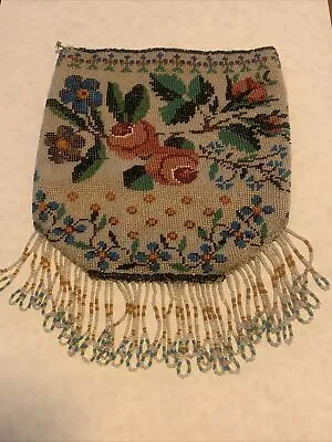 Vintage Micro Beaded Pouch Purse Fringe Beads Floral • $49.99