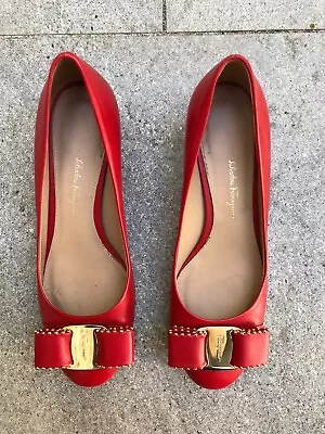 As New! Red Studded Vara Bow Salvatore Ferragamo Shoes 7 1/2C • $300