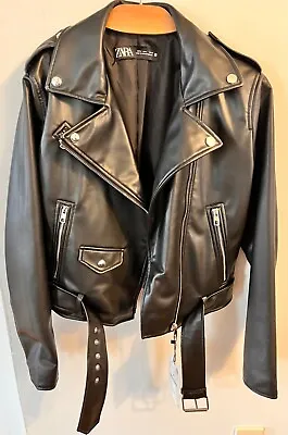 Zara Size LARGE Faux Leather Black Biker Jacket Oversized Belt Style EAC • $68