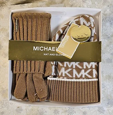 Michael Kors Hat & Gloves Boxed Set Camel Tan W/MK Logo Print Beanie SHIPS FREE! • $39.77