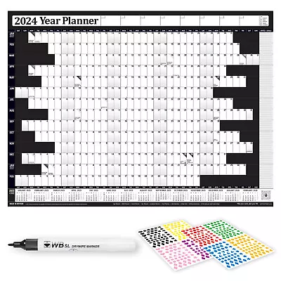 2024 Laminated Yearly A1 A2 A3 Wall Planner Calendar Wipe Dry Pen Stickers BLACK • £5.95