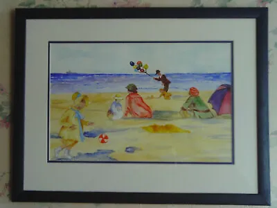 Vintage Framed 1990s Watercolour Painting Of Edwardian Beach Scene • £18
