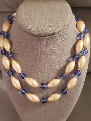 Vintage Pearl & Blue Beaded Necklace By MONET • $18