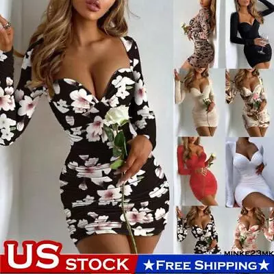 ️Sexy Women V Neck Bodycon Club Mini Dress Ladies Long Sleeve Party Dresses //US • $18.98