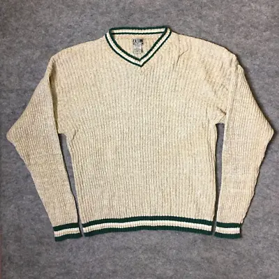 Cassini Mens XL Pullover Sweater Beige Green Striped V Neck Ribbed Ramie Blend • $7.49