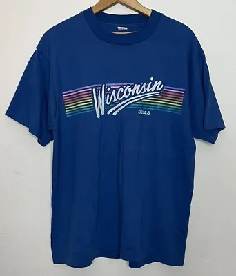 Vtg 80s Wisconsin Dells T Shirt Mens XL Velva Sheen Single Stitch Rainbow Blue • $22.95