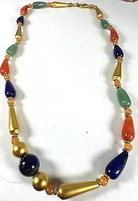 Vintage Necklace Glass Bead Etruscan Goldtone 20 Inches Simulated Jade Green • $35