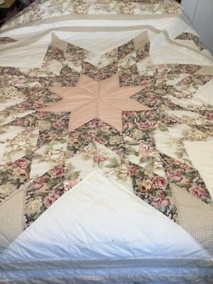$20 • Buy Star Pattern Quilt, Hand & Machine Stitched Rose, Ivory, Green 80” X 92”