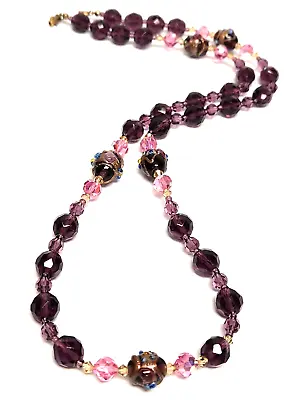 Vintage Pink & Purple Venetian Murano Wedding Cake Crystal Bead Necklace 28  • £72.39