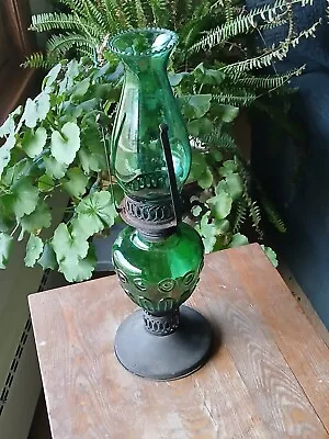 Vintage 16  Tall Oil/Kerosene Green Glass & Globe Hurricane Lamp • $15.99