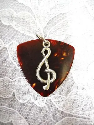 Brown Tortoise Shell Fender Bass Guitar Pick & G Clef Symbol Pendant Necklace • $8.50