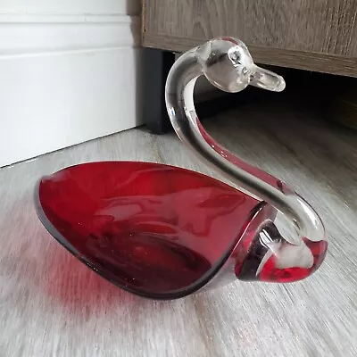 Vintage 1960s Ruby Red And Clear Glass Swan Bowl Candy Dish Decor • $25.99