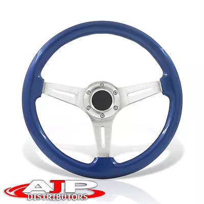 JDM 6-Bolt Silver Aluminum Deep Dish Blue Wood Steering Wheel + Horn 14  350mm • $52.99