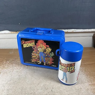 Vintage James Bond Jr Blue Plastic  Lunch Box With Thermos By Aladdin 1991 90s • $18.99