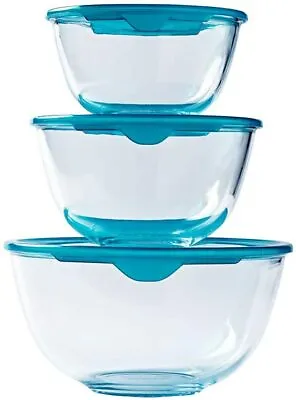 Pyrex Mixing Bowl Set With Lids 05L / 1L / 2L Litre Glass Set Of 3 Cook & Store  • £19.95