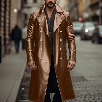 Men's Oversized Long Leather Windbreaker Double Breasted Leather Jacket Coat • $93.09