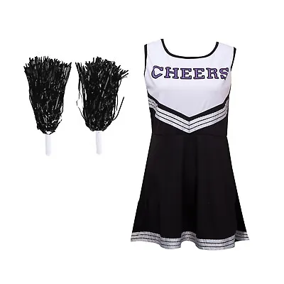 Cheerleader Fancy Dress Outfit Uniform High School Cheer Costume With Pom Poms • £9.99