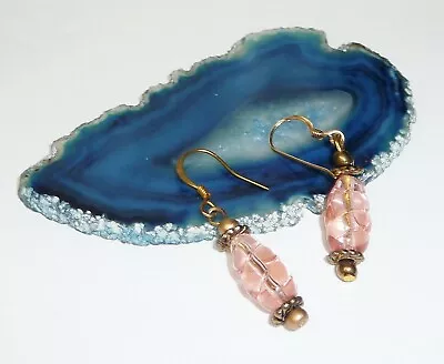 Gold Filled Ear Wires Earrings Vintage Swirl Pink  Glass Beads Pierced  • $14.99