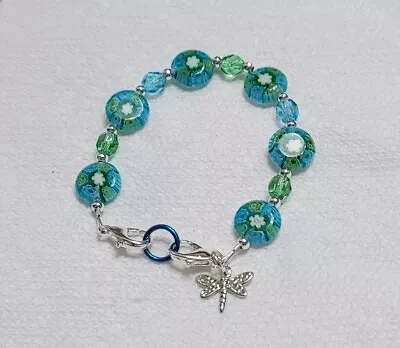 Millefiori Glass Coin Beads Green & Aqua Medical Alert ID Replacement Bracelet • $8.50