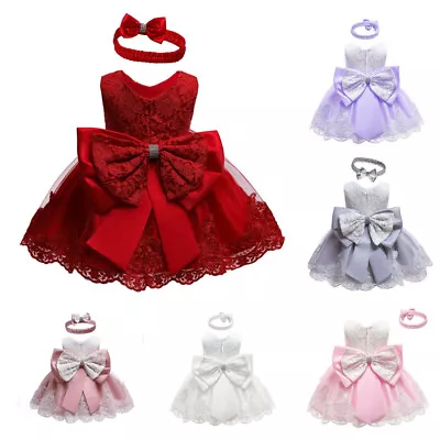 Newborn Flower Girls Bridesmaid Dress Baby Kids Party Lace Bow Princess Dresses • £14.99