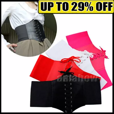 Ladies Waist Cincher Wide Band Elastic Tied Waspie Corset Leather Belt  4 Colors • £3.62