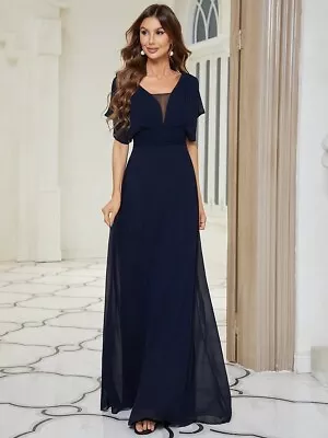 Women Long Empire Waist Bridesmaid Prom Evening Dress V Neck Chiffon Blue 12 • £32.99