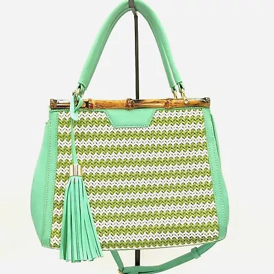 Green & White Summer Satchel With Bamboo Woven Panel And Faux Leather – Unusua • $60