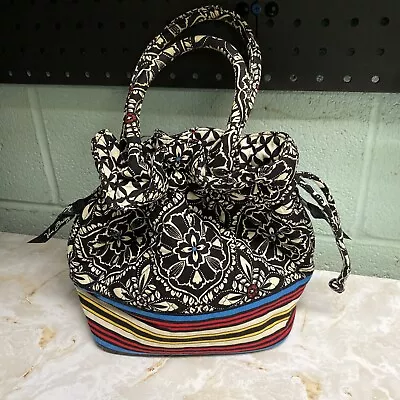 VERA BRADLEY Black White Stripe BARCELONA Floral Pattern Bucket Bag Purse • $9.99