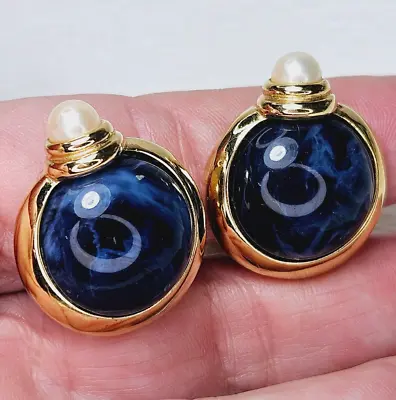Vintage Blue Sapphire Flawed Glass Gripoix Stones Faux Pearl Gold Clip Earrings • $55