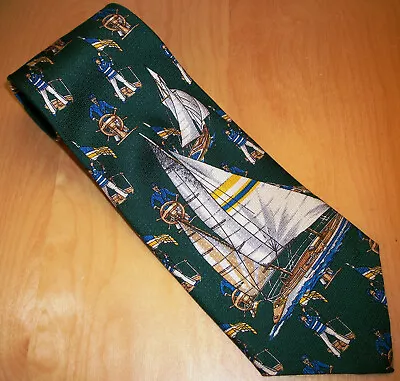Green Sailboats Ship's Wheel Captain Silk Neck Tie 55'  Long X 3.9  Wide (D933) • $10