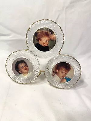 Vintage Round Picture Clear Glass Frame Holds 3 Photos Gold Stand  • $15