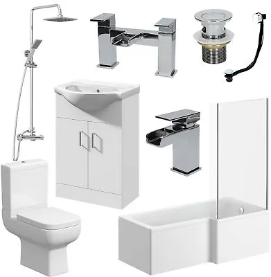 Complete Bathroom Suite L Shaped Bath RH Shower Toilet Basin Taps Vanity Unit • £740.62