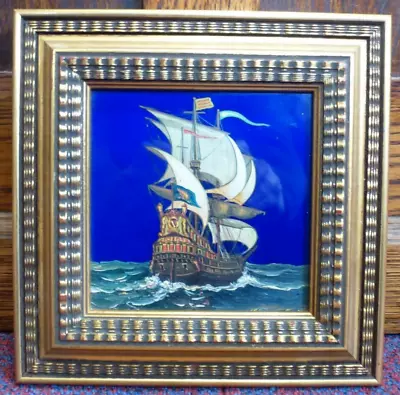 Vintage Ceramic Tile Painting Framed Art Spanish Galleon Sailing Ship Maritme • £39