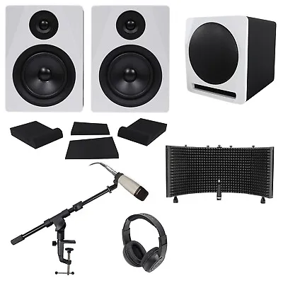 (2) Rockville 5.25  Active Studio Monitors+Sub+Mic+Headphones+Stand+Shield+Pads • $471.85