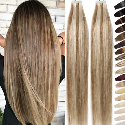 £23.28 • Buy Tape In Remy Human Hair Extentions Full Head Thick 100G Highlight Ombre Straight