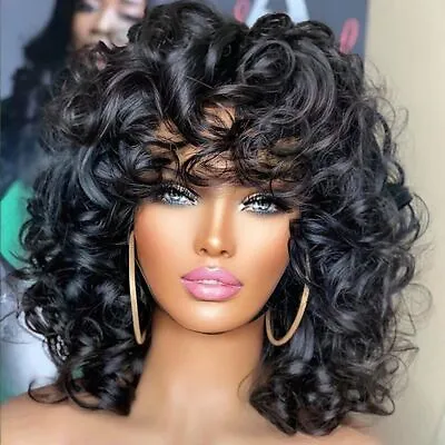 £199.69 • Buy Rose Curly Wigs With Bang Short Bouncy Curly Bob Wig Machine Made Human Hair Wig