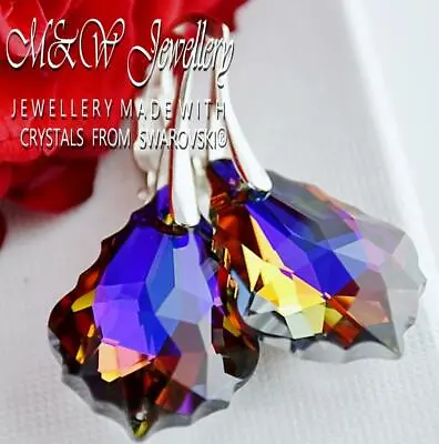 £18.99 • Buy 925 STERLING SILVER EARRINGS Crystals From Swarovski® 22mm BAROQUE - Volcano AB