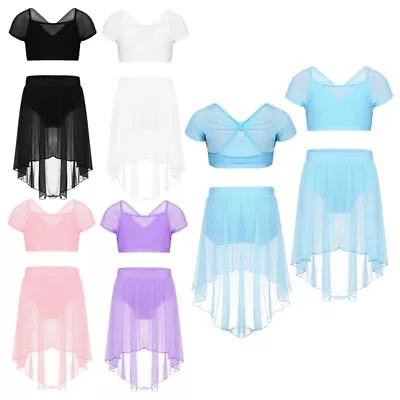 UK Kids Girls Lyrical Modern Dance Crop Tops With Skirt Set Ballet Jazz Costume • £11.74