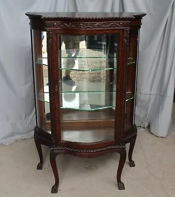 Antique Oak Curio China Cabinet – Serpentine Glass – Original Finish – 33.5 In • $2400