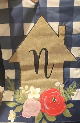 Kirklands Monogramed N Checkered Garden House Flag Felt Floral Embossed  • $14