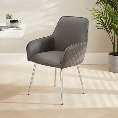 Savoy Dark Grey Faux Leather Carver Dining Chair With Chrome Legs-Kitchen-DIN-34 • £109