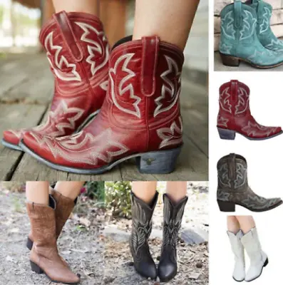 Women's Pointed Toe Cowgirl Cowboy Boots Ladies Mid Wide Calf Western Shoes Size • £22.38