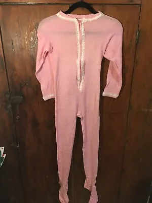Vtg Lollipop Adult Small Footy Pajamas Pink Lace Trim Butt Flap Zipper Footed • $49.75