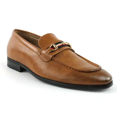 Men's Cognac Brown Slip On Gold Buckle Dress Shoes Loafers Formal By AZARMAN • $44.95