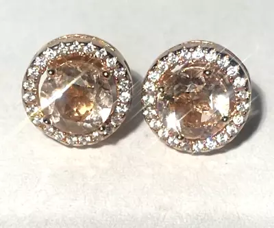 Sterling Silver Morganite Halo Diamond Stud Earrings Rose Gold Finish Marked • $38