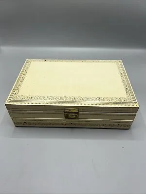 Vintage 2 Tier Blue Mele Jewelry Box Automatic Drawer Velvet Off White • $32.99