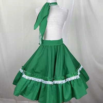 Square Dance SKIRT Green W Polka Dot Ruffle Man Tie And Detached Belt Whit Lace  • $36