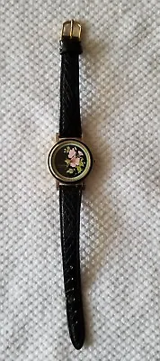 Xanadu Gold Tone Watch Flower Face Black Leather Band 5.5 -6.75  New Battery • $5.49