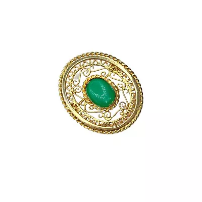 Vintage '70s Victorian Revival Gold Tone Filigree Jade Art Glass Oval Ornate • $14.99